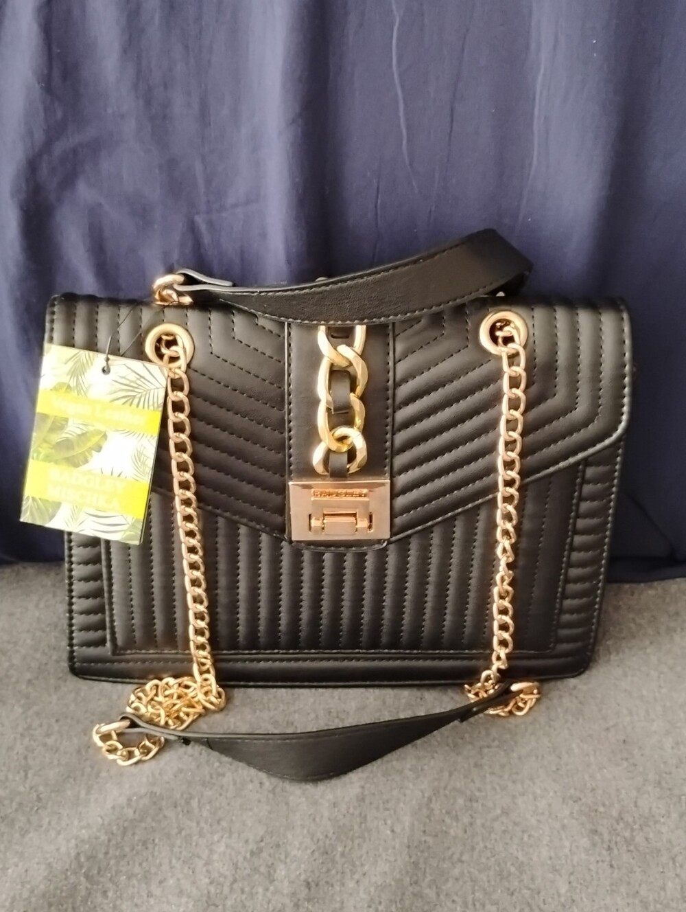 Badgley Mischka Black Quilted Vegan Leather Crossbody Goldtone Chain Link Strap